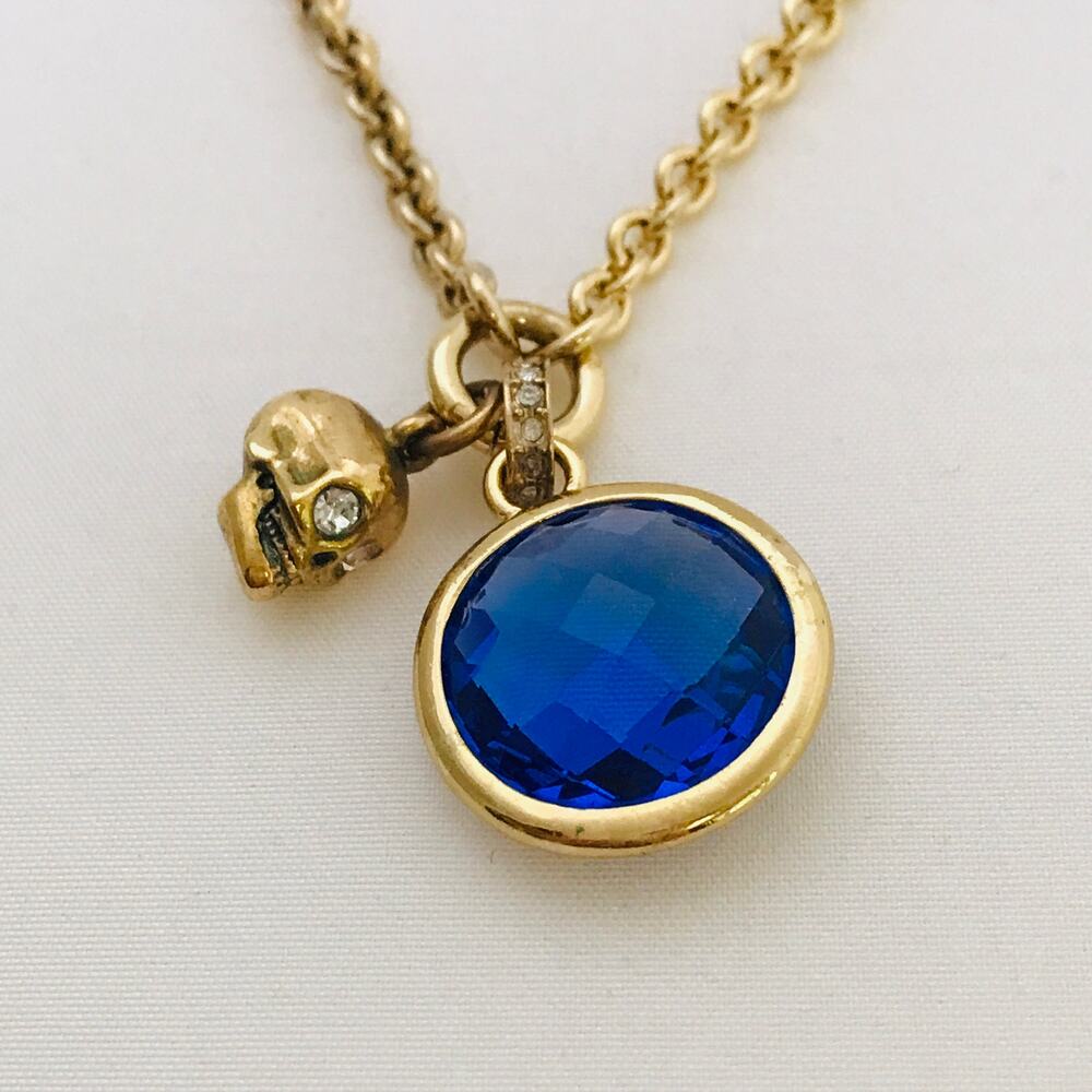 Juicy Couture Vintage Gold Tone Skull Cobalt Blue Crystal Pendant Necklace Y2K